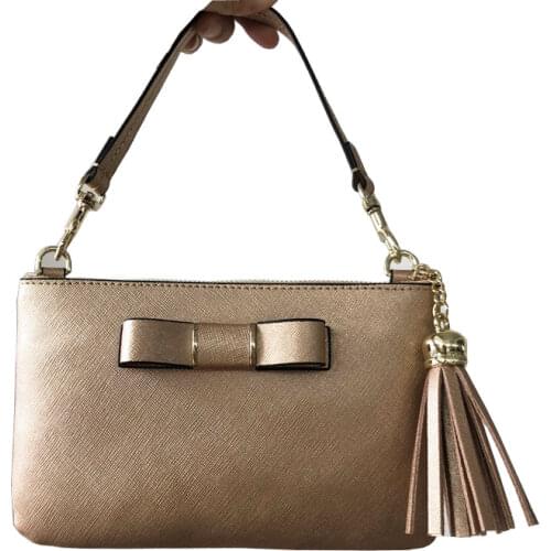 Vintage Bow Bag Genuine Leather Underarm Purse Crossbody Mini Wallet It Bags Wristlet Champagne Color with Tassel