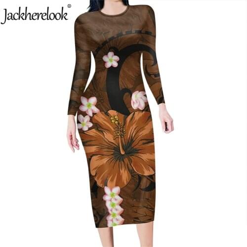 Jackherelook Vintage Dress for Womens Elegant Long Sleeve Stretchy Polynesian Tribal Hibiscus Floral Print Bodycon Midi Dresses