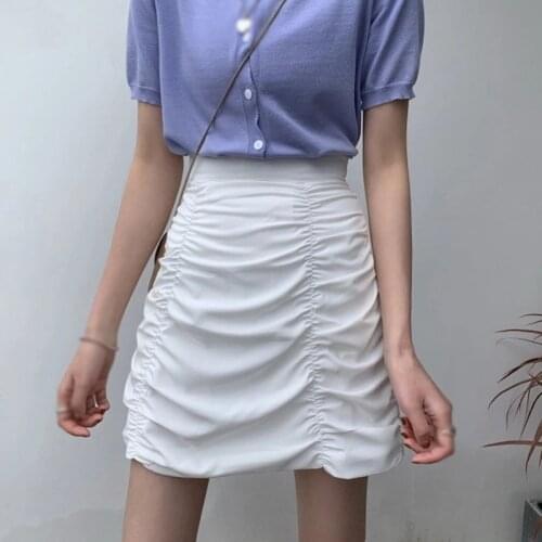 Women Summer Pleated High Waist Short Solid Color Thin Hong Kong Folds Flavor Vintage Bag Hip Female Skirt