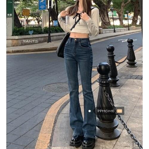 Spring and autumn 2021 new dark blue retro high waist large pants hot girl slim elastic horn jeans women