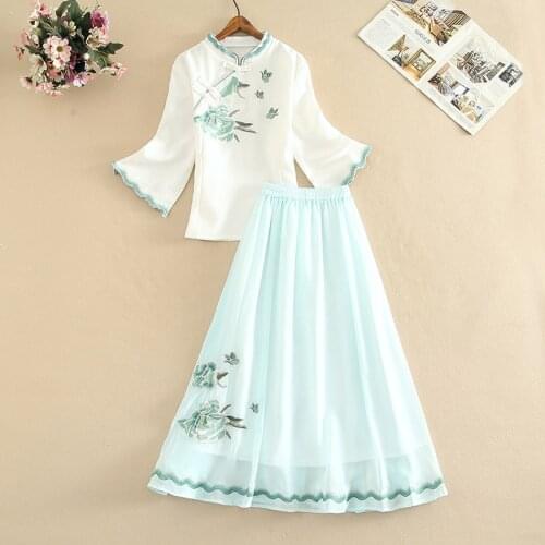 Womens Summer Embroidered Two Piece Sets Chinese Flare Sleeve Blouse Shirt +Long Chiffon Skirt Set Suit Ancient Hanfu Daily New