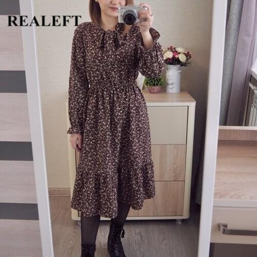 REALEFT 2021 New Floral Printed Bohemian Womens Dresses Vintage Long Sleeve Chic Loose Straight Female Bow Dress Spring Summer