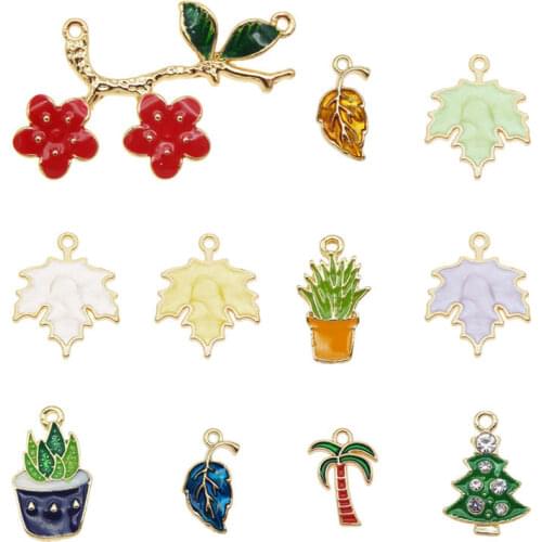 Julie Wang 10PCS Enamel Plant Charms Mixed Tree Leaf Flowers Potted Plant Gold Tone Alloy Jewelry Making Accessory
