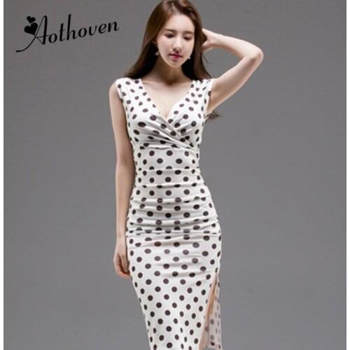 2020 Summer White Dot Dresses Tank V Neck Sleeveless Dress Office Lady Bandage Bodycon Sexy Party Pencil Midi Dress Vestidos