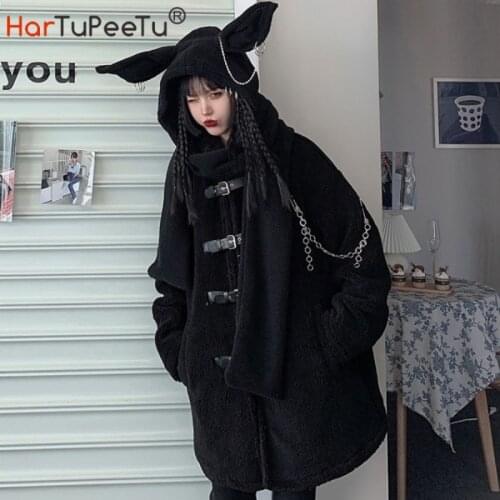 2021 Autumn Winter Women Retro Thickened Warm Plush Rabbit Ear Cotton Padded Clothes Harajuku Dark Girls Loose Long Plush Coat