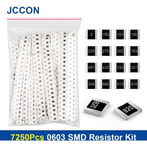 7250Pcs 0603 SMD Resistor Assorted Kit 0 R 1R~1M ohm 146Values x 50Pcs=7250Pcs Sample Kit Chip Fixed Resistor DIY