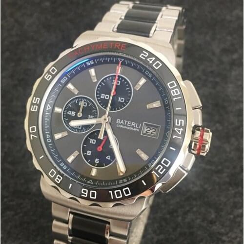 Top Brand Luxury Sports Men Chronograph Watches Black Ceramic Bezel Quartz Watch Stainless Steel Watchband Boys Clock