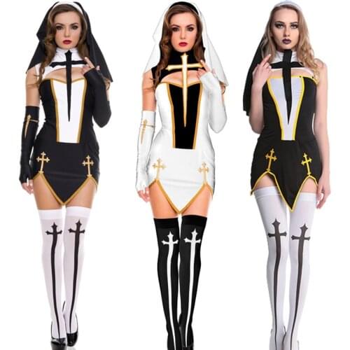Black White Sexy Nun Sister Costume Virgin Mary Nuns Costumes Adult Women Halloween Cosplay Party Dress+Hood+Gloves+Stockings