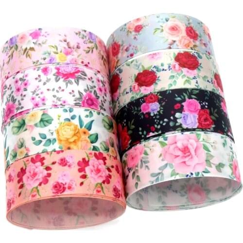 DHK 25mm 5yards Flowers Floral Rose Printed Single Faced Satin Silk Ribbon Accessory Hairbow Decoration DIY Wholesale OEM E1925