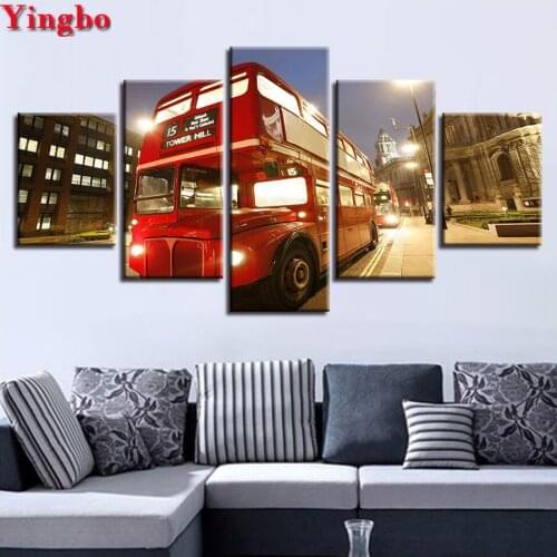 Diy 5d full squareround diamond painting 5 Pieces Red Bus City Street View mosaic pattern diamond embroidery full display