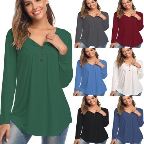 T Shirt Women Spring Autumn 2021 New womens Clothing v-neck Long Sleeve Buttons Pure Color Loose t-shirts Tshirts CJF5588