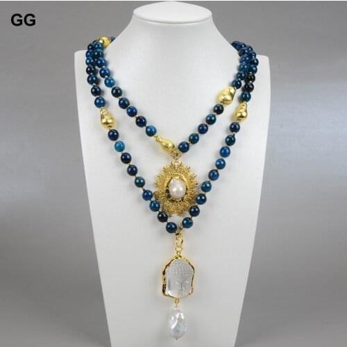 GG Jewelry 2 Strands Blue Agates Necklace Keshi Pearl Clear Quartz Buddha Head Pendant Necklace 20" Religious Style For Women
