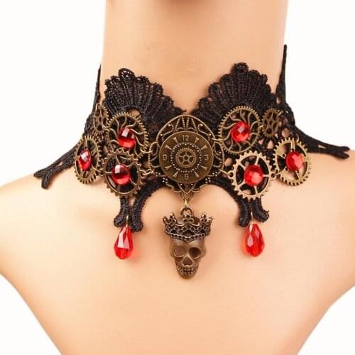Hot Sale Various Gears with Red Crystals Gothic Black Lace Steampunk Choker Necklace Women`s Vintage Jewelry