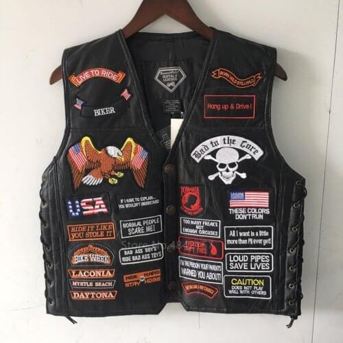 American Motorcycle Group Riding Cosplay Costume for Men Leather Rock Steampunk Vest Embroidery Leather Sleeveless Jackets Black