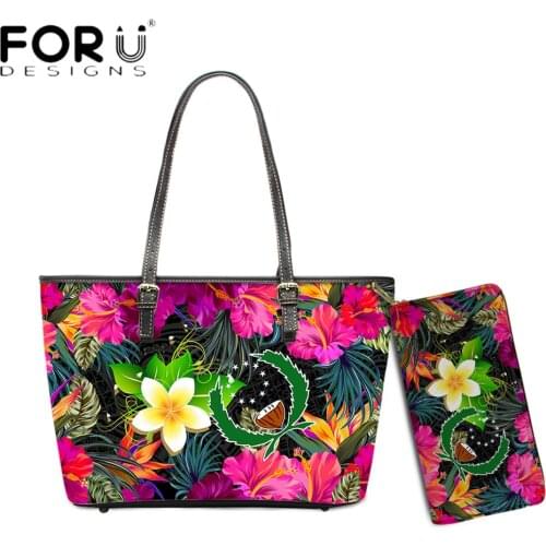 FORUDESIGNS Fashion Leather Handbags Set For Women Polynesian Tribal Pohnpei Plumeria Hibiscus Print Female Shoulder Sac A Main
