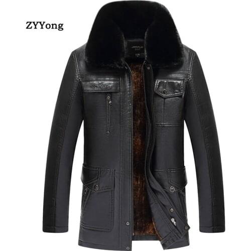 Leather Jacket Men Winter Jacket Brown Fleece Parka Coat Overcoat Plus Velvet Warm Fur Collar PU Retro Casual Outwear