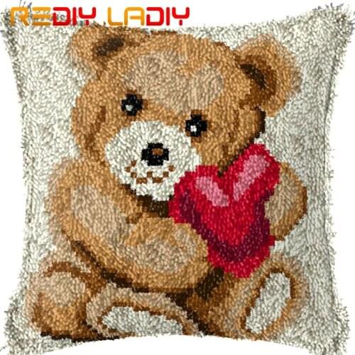 Latch Hook Kits Make Your Own Cushion Bear & Love Acrylic Yarn Crochet Pillow Case Printed Canvas DIY Latch Hook Cushion Cover
