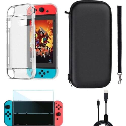 Multifunctional Game Players Accessories Kits for Nintendo Switch Case Bag+Charging Cable+Protective Case+Glass Screen Film Set
