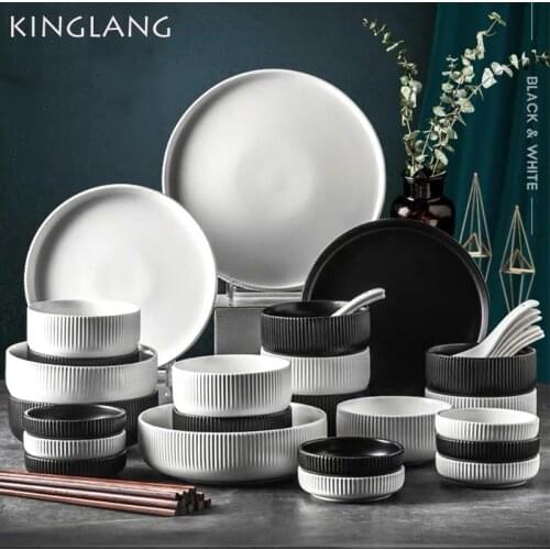 KINGLANG Nordic Design Dinner Set Black and White Color Ceramic Tableware set 4/6 Person Plate Sets