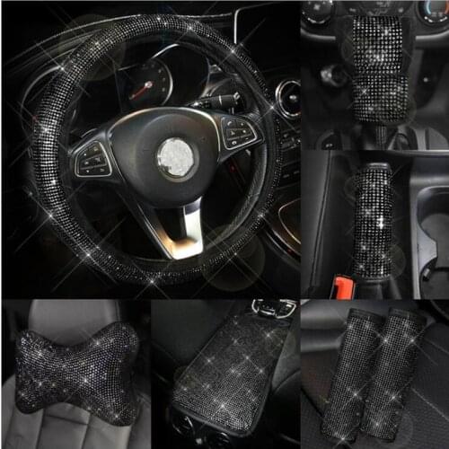 2021 New Black Rhinestones Car Steering Wheel Cover Seat Belt Shoulder Pad Headrest Pillow Handbrake Cover Gear Shift Cover