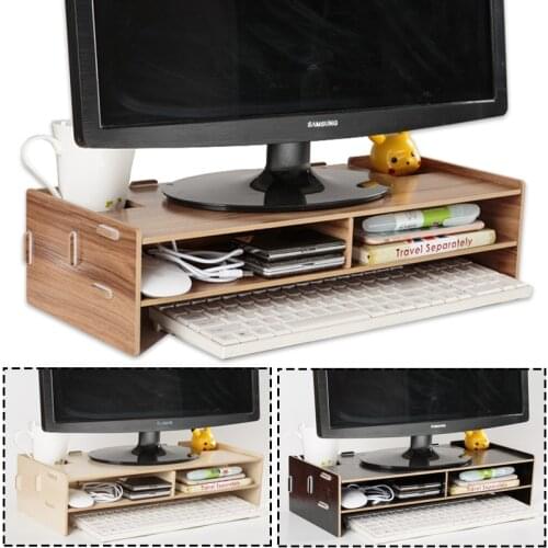 Wooden Monitor Laptop Stand Holder Riser Computer Desk Organizer Keyboard Mouse Storage Slots for Office Supplies School Teacher