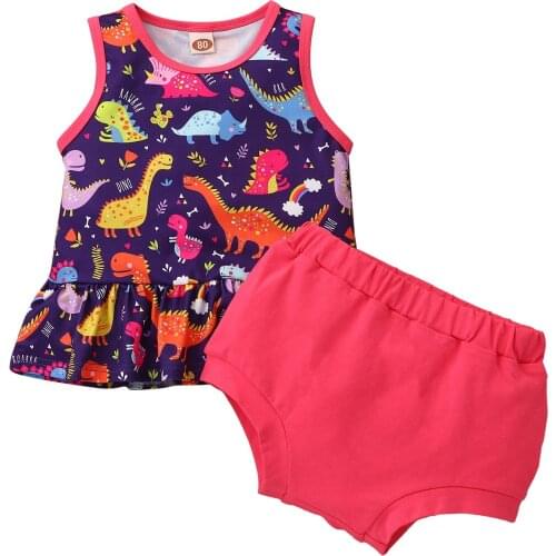 Pudcoco Baby Girls Casual Two-piece Clothes Set, Round Collar Sleeveless Printed Pattern Tops and Shorts, Dark Purple/ White
