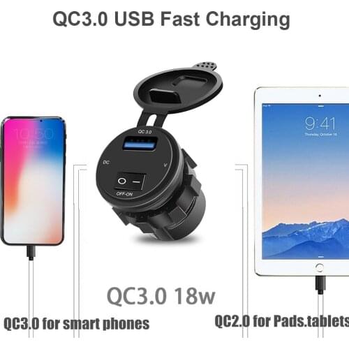 QC 3.0 USB 18W Phone Fast Charging Motor Power Adapter with Switch LED Voltmeter Voltage Display Vehicle DC12V-24V Waterproof