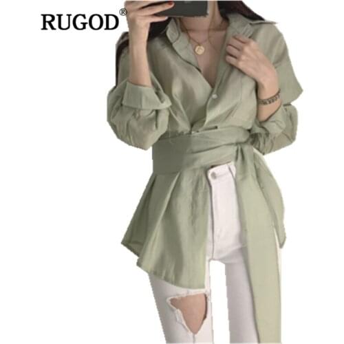 RUGOD 2019 New Arrival Women Solid Strap French Style Shirt Turn-down Collar Long Sleeves Loose Blouse Lazy Stylish Temperament