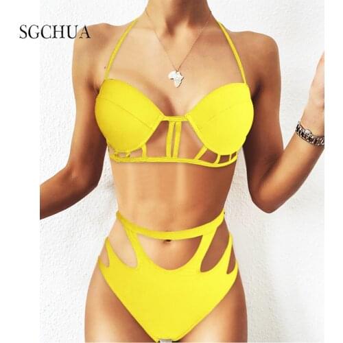 Sexy Solid Purple Yellow Bikini 2020 New Bandage Bikini Set High Waist Swimwear Women Tie The Neck Swimsuit Bathing Suit Push Up