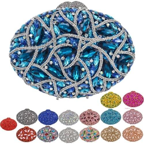 Blue Oval Fashion Luxury Crystal Evening Bag Women diamante Wedding Purse Clutch Bag Ladies deluxe Chain Handbags 88185
