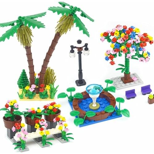 Compatible Plant Accessories DIY Bricks House Tree branch Grass Flower City Garden MOC Parts Building Blocks Fountain