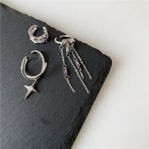 Street Style Metal Melting Wax Purple Rhinestone Long Tassel Clip Earring for Women Delicate Star Double Layer Earring Jewelry