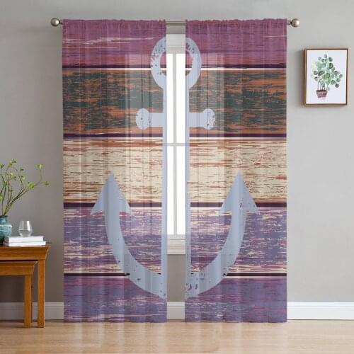 Vintage Purple Wood Grain Anchor Tulle Curtain Voile Transparent Tulle for Bedroom Living Room Kitchen Sheer Window Curtains