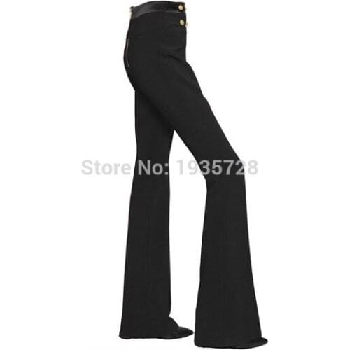 ElfStyle Women Black High Waist Flare Pants Features Gloden Button & Back Zip Closure - Ladies Micro Elastic Fabric Trousers