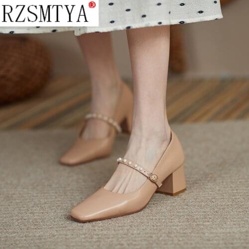 Women Mary Janes Shoes Pearl Pumps Mid Heels Dress Shoes Bead Office Lady Shoes 2021 New Fashion Ladies Shoes
