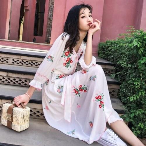 Embroidery Ethnic Wind Waist Tie White Dress Holiday Long Women 2021 Summer New Beach Skirt Female