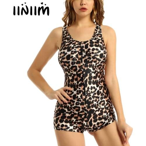Iiniim Womens Leopard Print Stretchy Bodysuit Sleeveless Short Jumpsuits Fitness Sports Back Hollow Out Leotard Streetwear