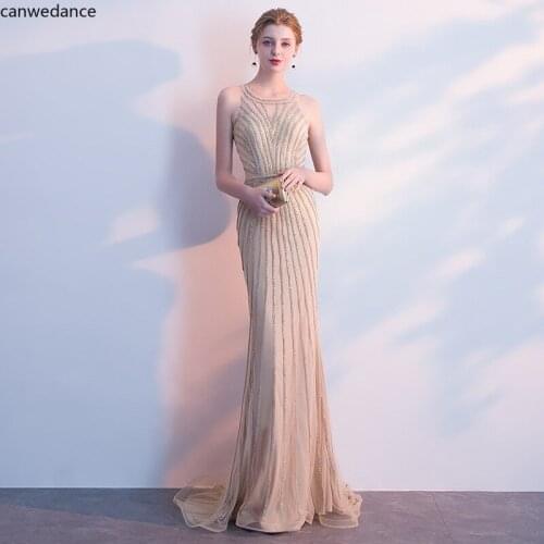 2020 Champagne Evening Dresses Long Luxury Crystal Sexy Scoop Collar Party Gowns Mermaid Sleeveless Robe De Soiree