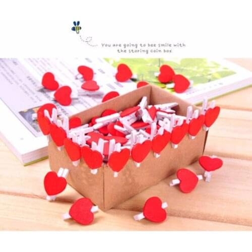 20pcs Heart Shape Wooden Clips Cute Red Heart Mini Wooden Photo Clips Wedding Party Pegs Paper Clips Decoration Craft Home Decor