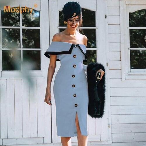 2020 Elegant Sky Blue Womens Dress Sexy Fashion Strapless Sexy Buttons Bodycon Celebrity Evening Runway Party Midi Dress