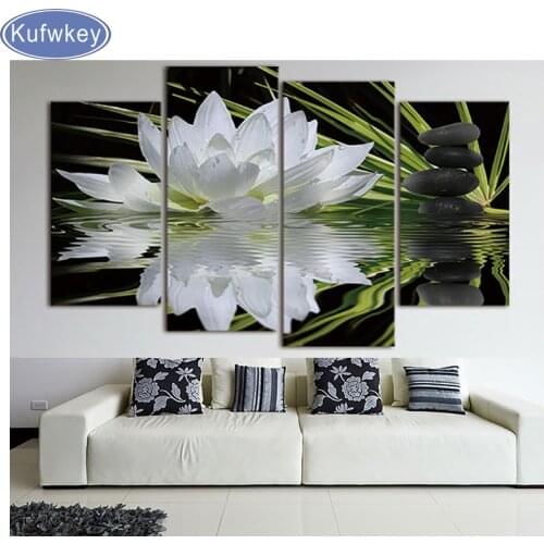 5d diy,Diamond Painting Cross-Stitch,Full,Diamond Embroidery 4 Panel White Lotus Flower Diamond Mosaic pattern,rhinestone,round