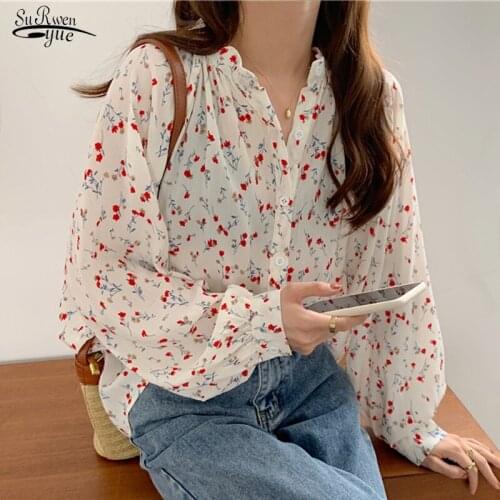 Blusas Casual Women Blouse 2021 Autumn Loose Print Cardigan Chiffon Blouse Women Puff Sleeve Tops Chic Ladies Clothes 10316