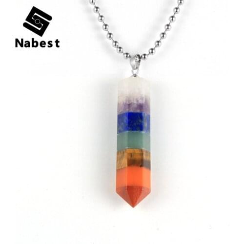 Women Men Natural Stone 7 Chakras Bullet Hexagonal Column Pendant Necklace Yoga Healing Reiki Choker Clavicle Chain Jewelry
