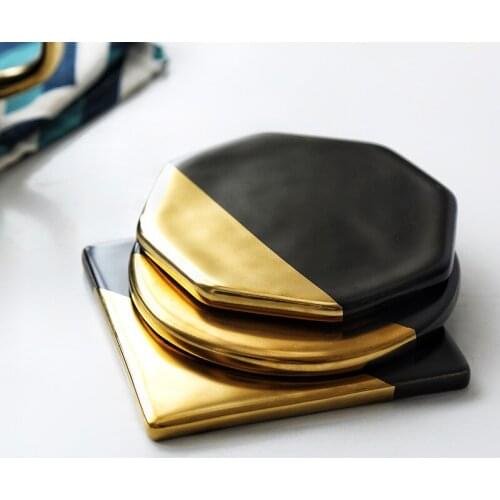 Black Marble Plating Gold Ceramic Coaster Cup Mats Pads Home Decorations Kitchen Tools Desktop Non-slip Luxury Pad Europe Style