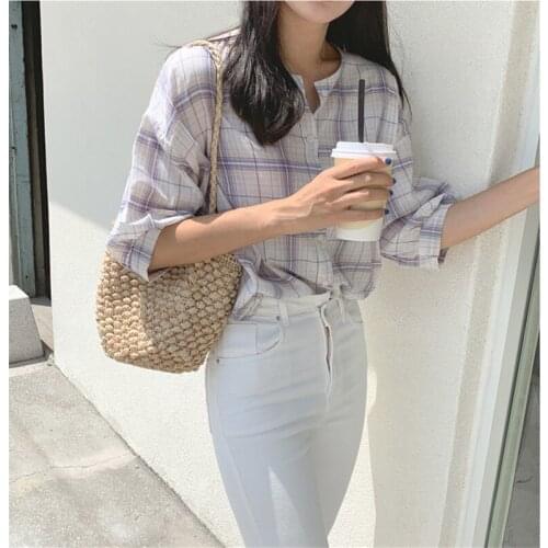 Buttons Cardigan purple plaid girls shirt Summer femme Casual loose Women Linen Cotton Girls Blouse Plus Size Women Blouses