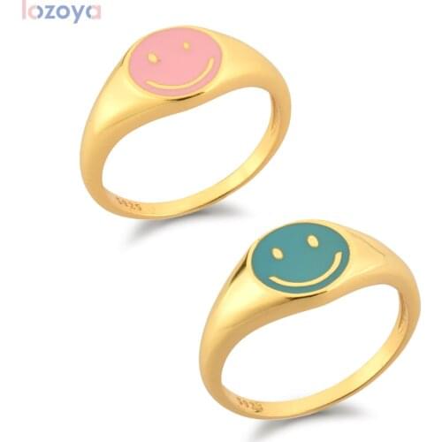 LOZOYA Summer 925 Sterling Wedding Thick Fine Silver Smiley Face Enamel Turquoise Ring Women Luxury Party Happy Face Jewelry