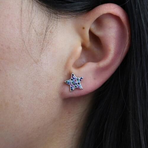 Tiny star shape stud earring with rhodium plated cute 925 sterling silver rainbow earring jewelry for women lady wholesale