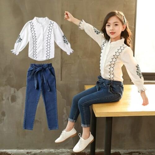 Teenager Girls Spring Autumn Denim Clothing Set Children Long Sleeve Lace Shirt Jeans 2pcs Clothing Sets 4-14T