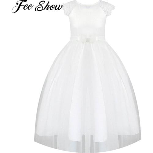 Girls Flower Dress Short Hollow Out Lace Sleeve Tulle Kids Wedding Gowns Flower Girl White Holy Communion Birthday Party Dresses
