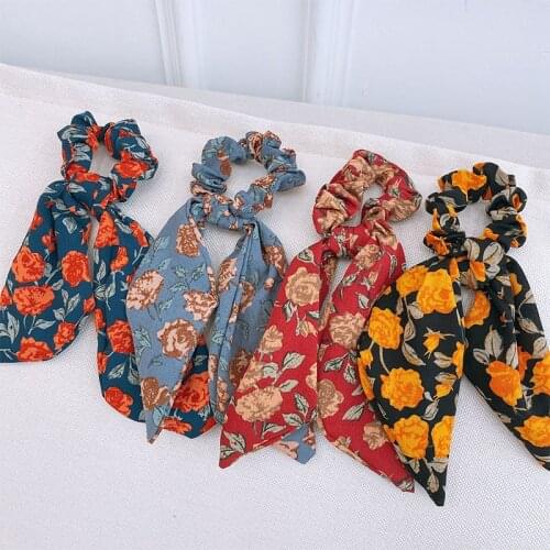 Geebro Fashion Flower Print Bow Satin Long Ribbon Ponytail Scarf Hair Tie Scrunchies Women Girls Elastic Hair Bands Hair Rope
